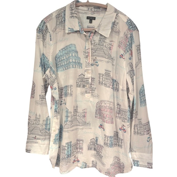 Talbots XL Roman Holiday Popover Blouse Rome Italy Print Side Buttons Top - Picture 4 of 8